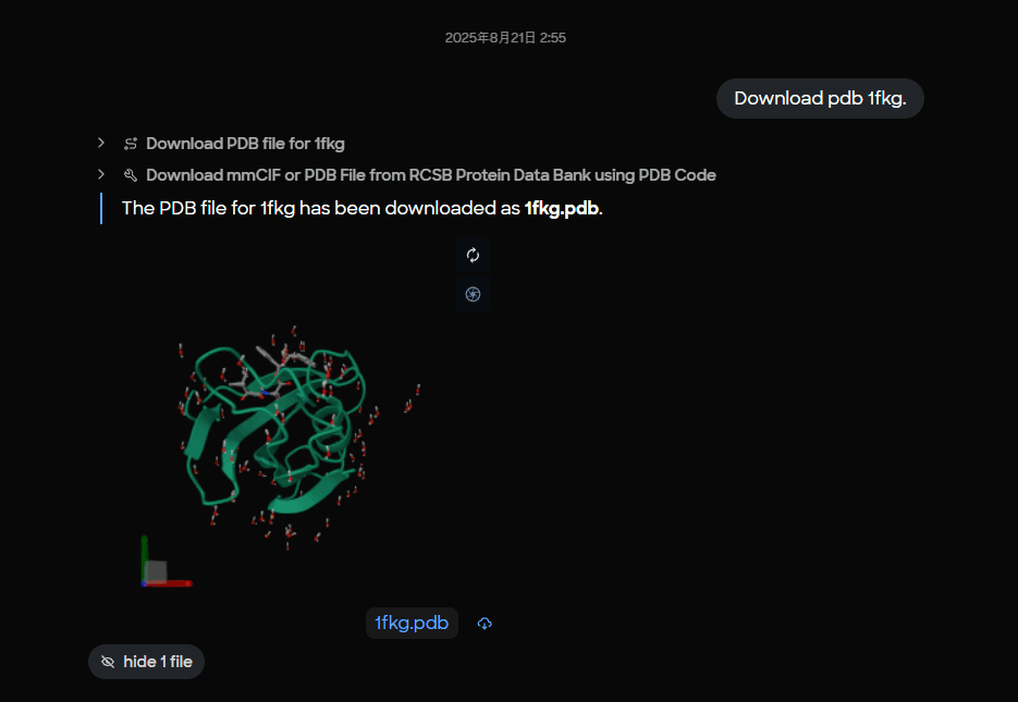 Figure 1. MARA interface showing successful download of PDB 1FKG with 3D molecular visualization preview of the FKBP12 protein structure.