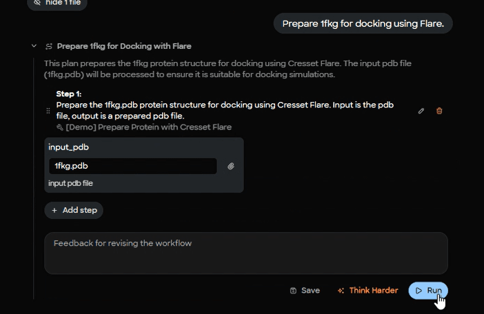 Figure 3. MARA plan editor interface for Flare protein preparation workflow with input parameter specification for 1fkg.pdb.