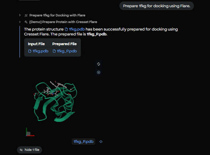 Figure 4. Protein preparation completion panel showing input file (1fkg.pdb) and prepared output file (1fkg_P.pdb) with live 3D molecular preview.