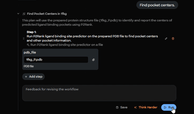 Figure 5. P2Rank cavity detection setup interface showing input parameters for binding pocket prediction on prepared 1fkg_P.pdb structure.