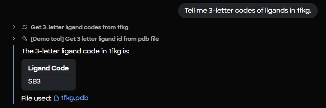 Figure 7. Ligand extraction interface and results panel confirming detection of co-crystallized ligand SB3 from the 1fkg.pdb structure.