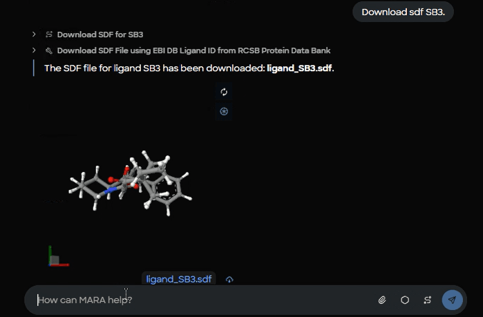 Figure 8. Ligand download confirmation showing saved ligand_SB3.sdf file with 3D structural preview of the SB3 reference compound.