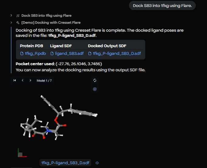Figure 10. Docking completion results showing successful SB3 docking into 1fkg with output file (1fkg_P_ligand_SB3_D.sdf) and 3D viewer displaying Model 1 of 7 generated poses.