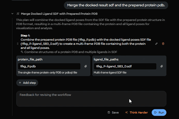 Figure 11. Complex merging workflow interface showing combination of prepared protein file (1fkg_P.pdb) with docked ligand poses (1fkg_P_ligand_SB3_D.sdf).
