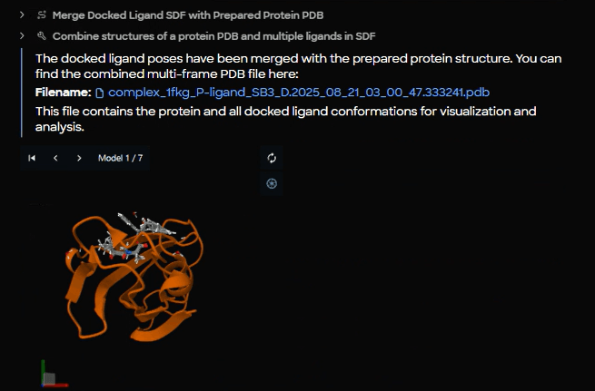 Figure 12. Merged complex output panel displaying the combined PDB file (complex_1fkg_P_ligand_SB3_D.2025_08_21_03_00_47.333241.pdb) with orange cartoon protein structure and SB3 poses.