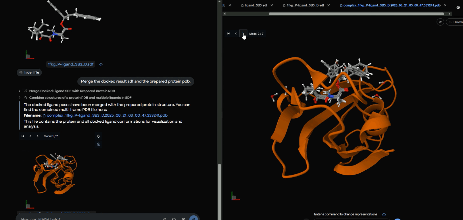 Figure 13. Interactive pose browser showing protein-ligand complex with model selector set to "Model 2 of 7" for systematic evaluation of different docking conformations.