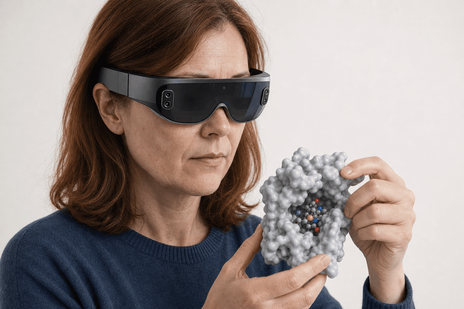 A researcher wearing an ultra-thin VR headset studies a solid protein surface model with a small ligand visible in its binding pocket held close to the chest