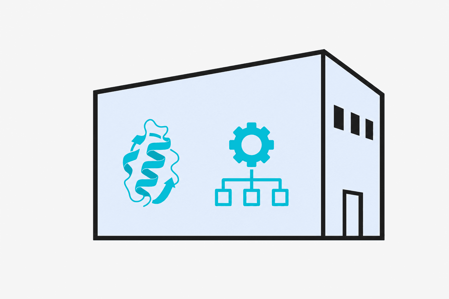 A flat vector diagram of a building outline containing a protein shape and a pipeline icon, illustrating that data and tool runs stay inside a secure network boundary.