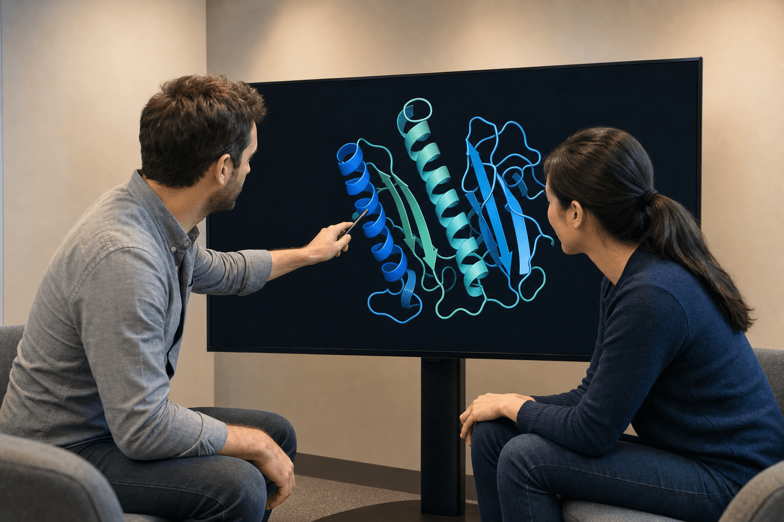 Two colleagues in a lounge area review a protein ribbon structure on a large display, one pointing at the fold with a stylus.