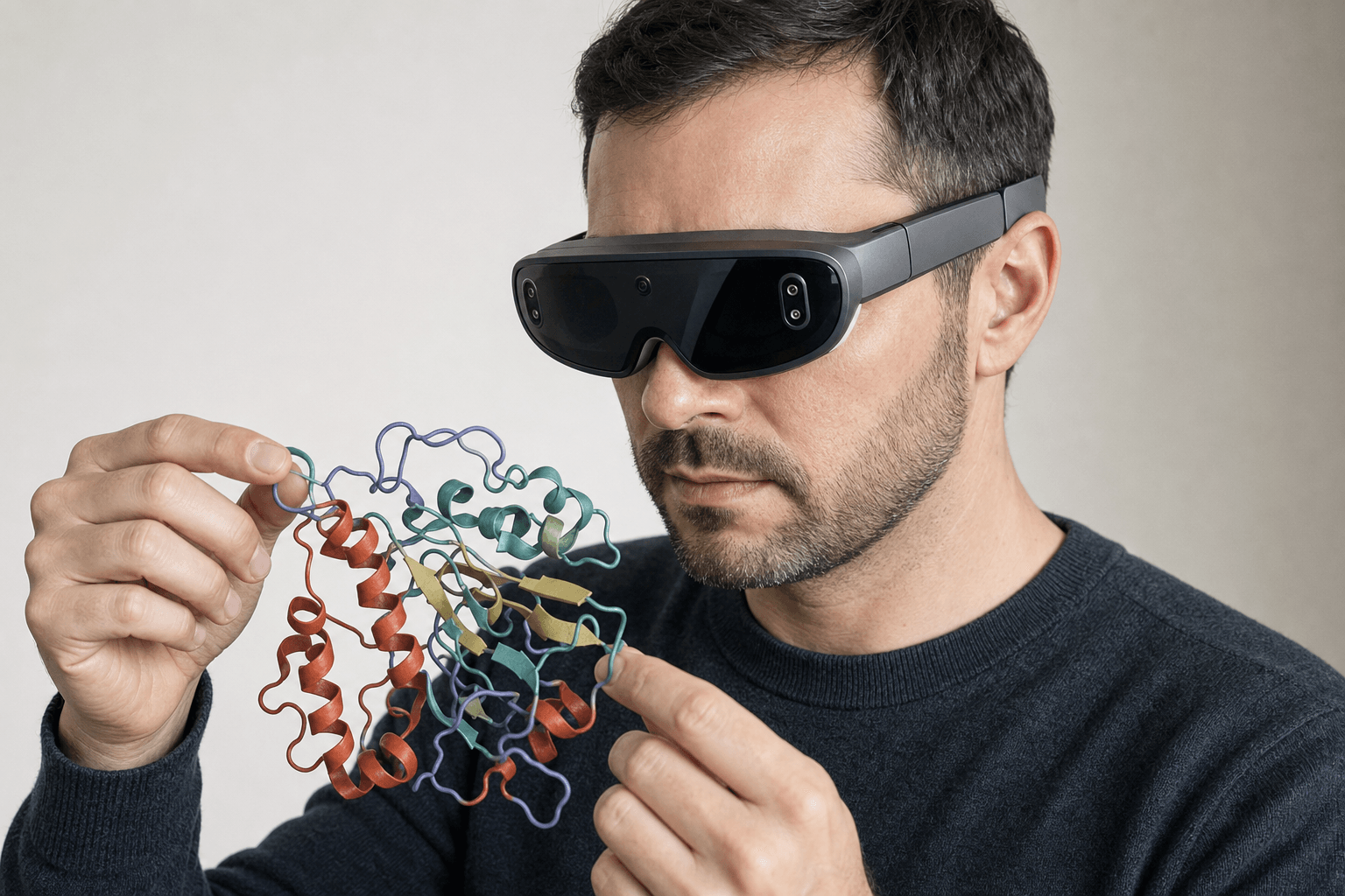 A researcher wearing an ultra-thin VR headset studies a ribbon-cartoon protein structure held close to the chest