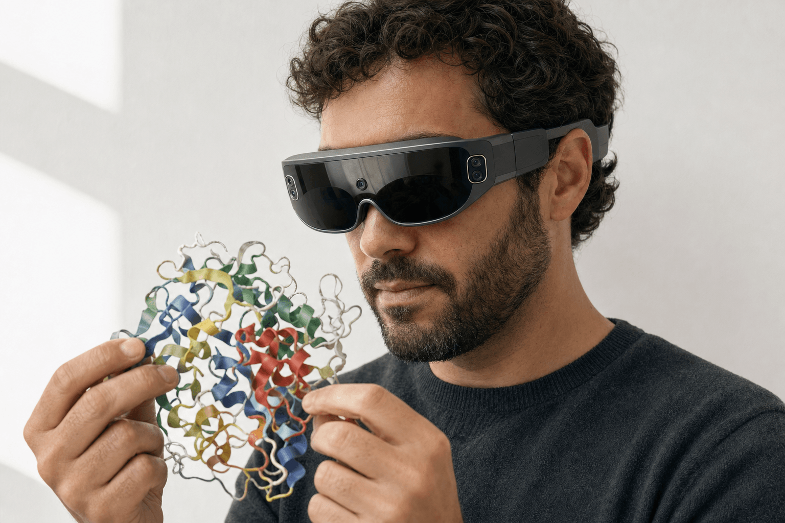 A researcher wearing an ultra-thin VR headset studies a ribbon-cartoon protein structure held close to the chest