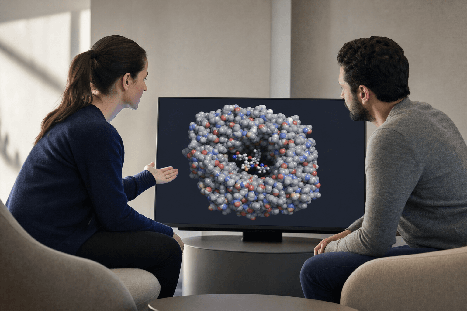 Two colleagues in a lounge area review a molecular dynamics trajectory together on a shared display, one gesturing toward the structure.