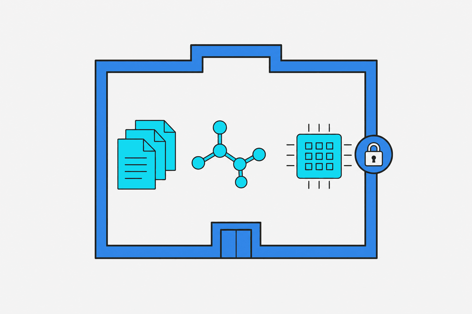 A flat vector diagram showing data, molecules, and computation contained entirely within a secure building perimeter, nothing crossing outside.