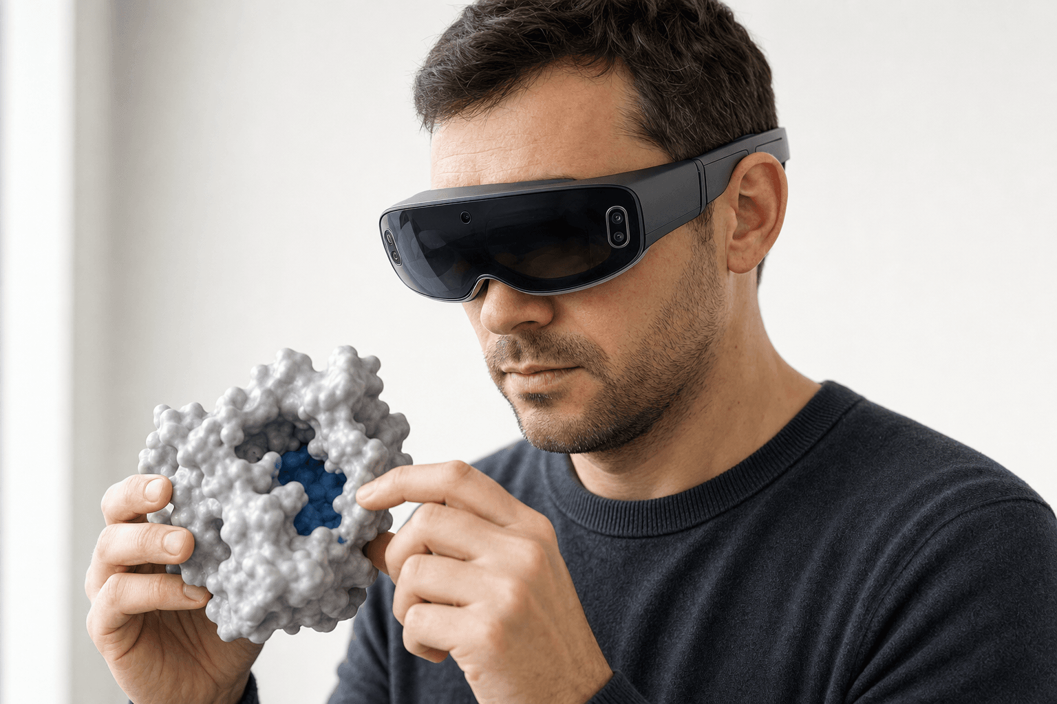 A researcher wearing an ultra-thin VR headset studies a solid protein surface model with a visible binding pocket held close to the chest
