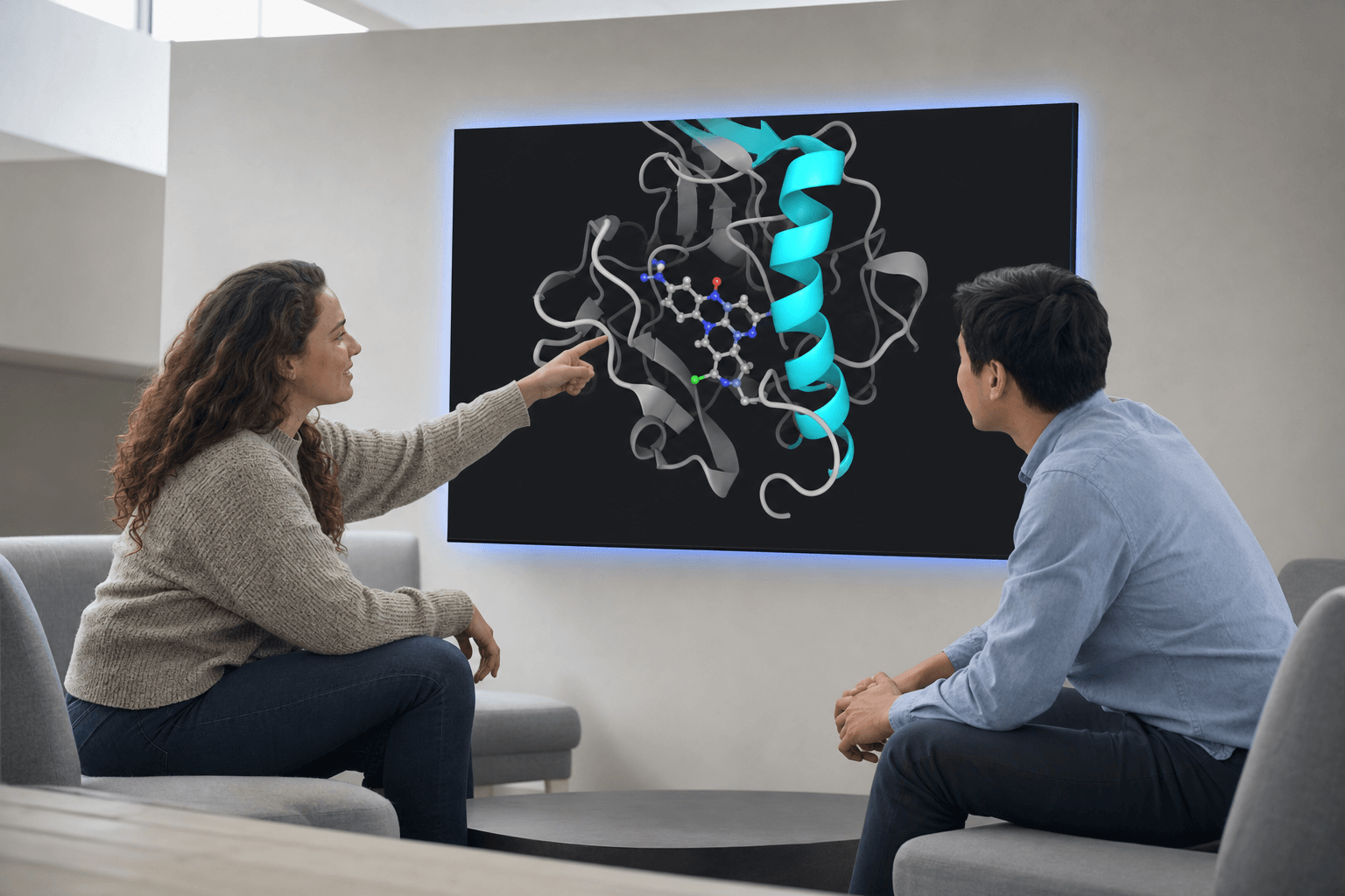 Two colleagues discuss a protein-ligand structure displayed on a large wall panel in a bright lounge, pointing at the ribbon cartoon and bound ligand.