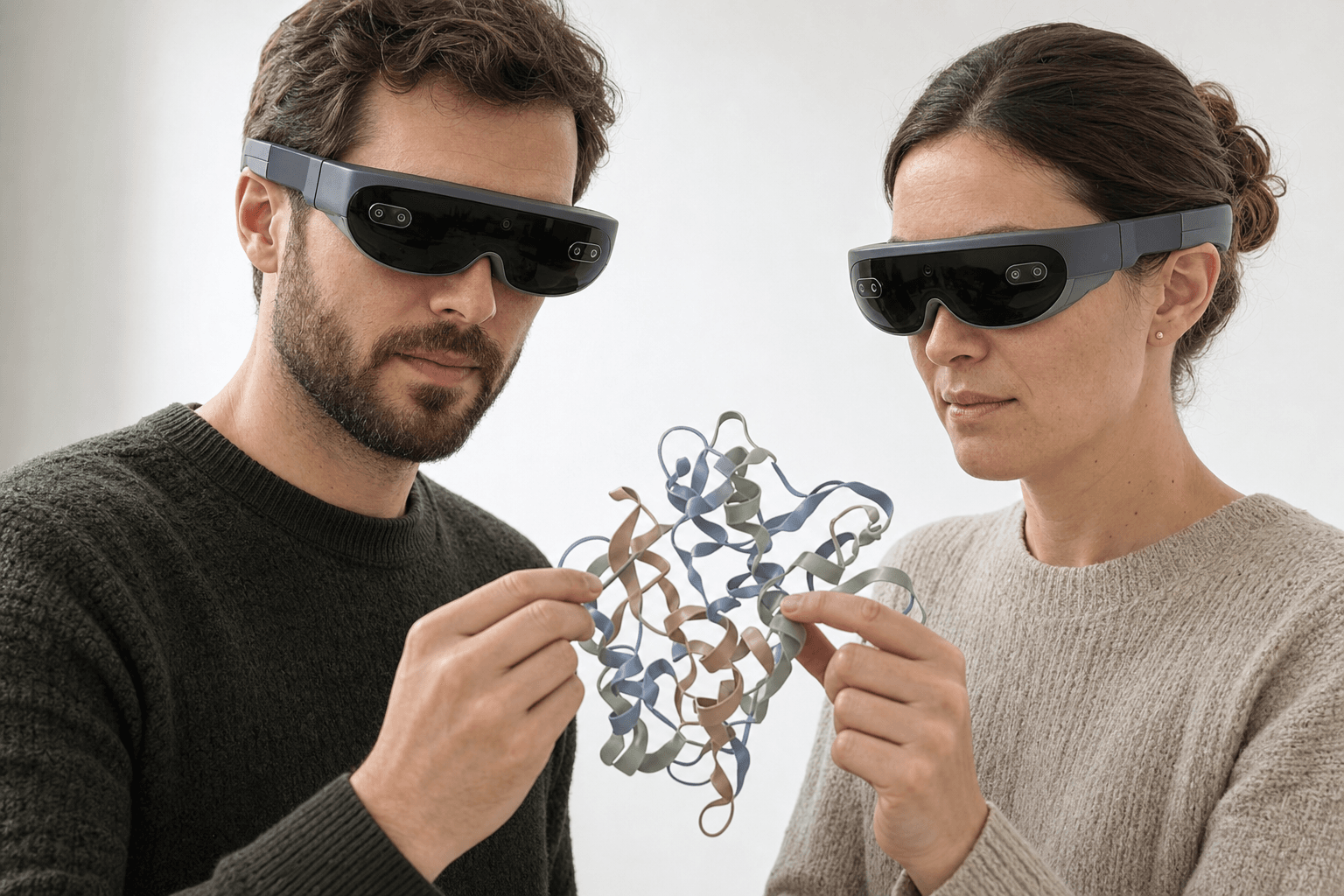 Two colleagues wearing ultra-thin VR headsets examine the same ribbon-cartoon protein structure floating between them