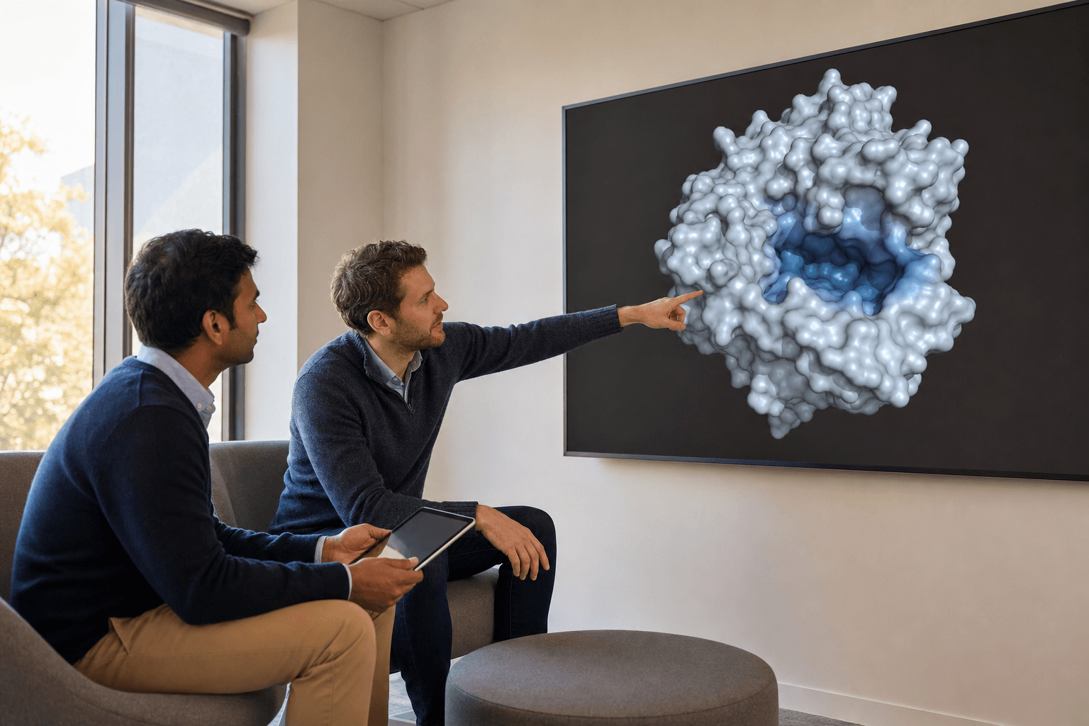 Two colleagues in a lounge area review a smooth molecular surface structure on a large wall display, one pointing at the visible binding pocket.