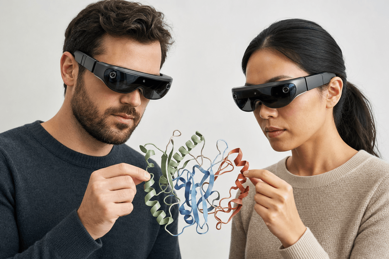 Two colleagues wearing ultra-thin VR headsets examine the same ribbon-cartoon protein structure floating between them