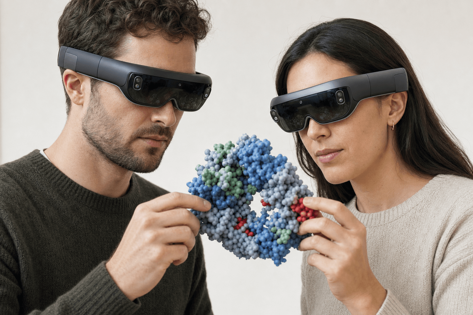 Two colleagues wearing ultra-thin VR headsets examine the same space-filling protein model floating between them