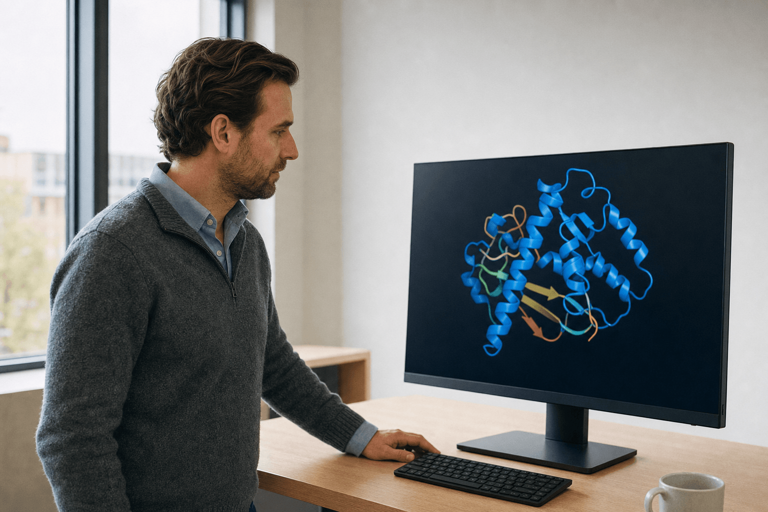 A researcher in a knit sweater reviews a ribbon-rendered protein structure on a flat monitor in a naturally lit office.