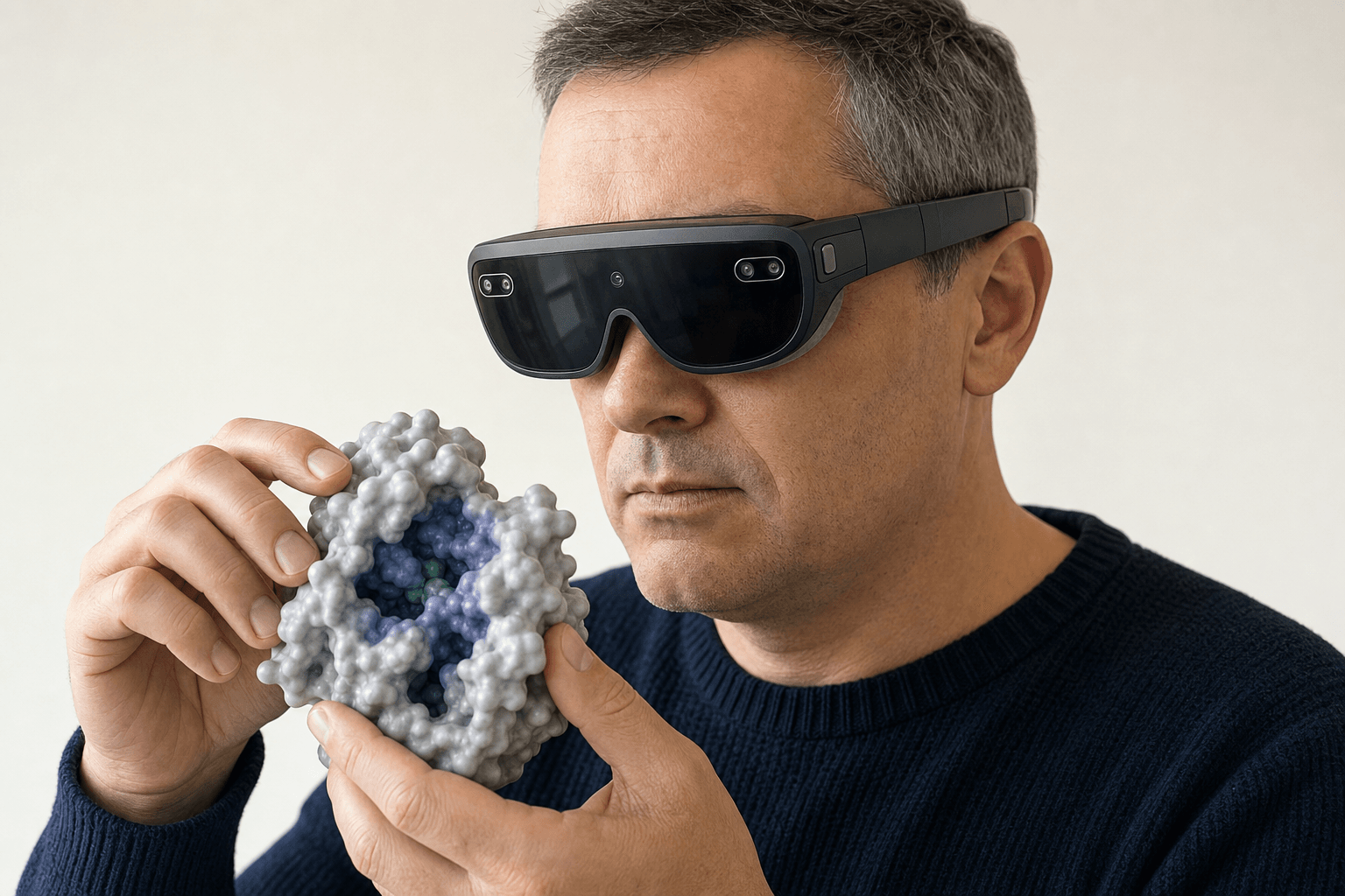 A researcher wearing a slim VR headset examines a solid protein surface model floating at chest height in an open studio.