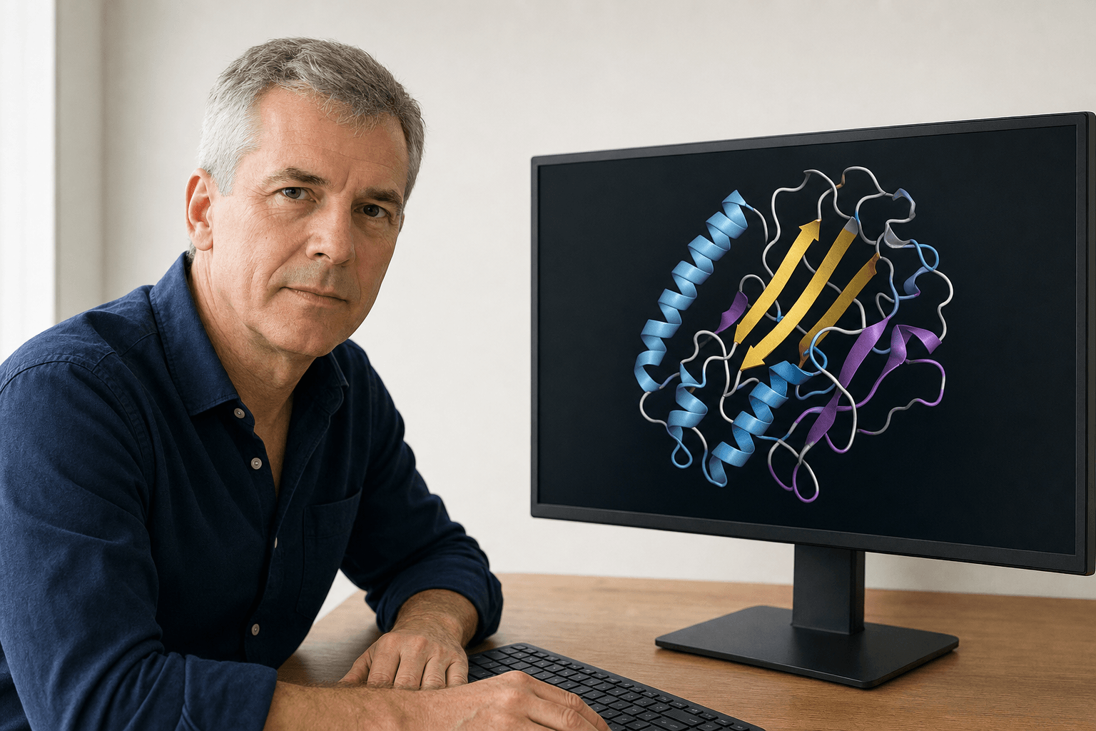 A researcher at a bare desk studies a ribbon-cartoon protein structure displayed on a flat monitor in a quietly lit office.