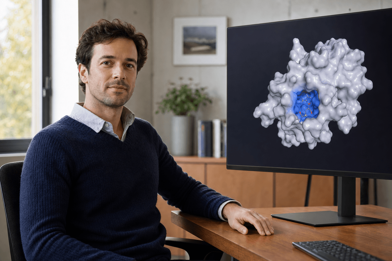A computational chemist reviews a molecular surface structure on a large display in a modern research office.