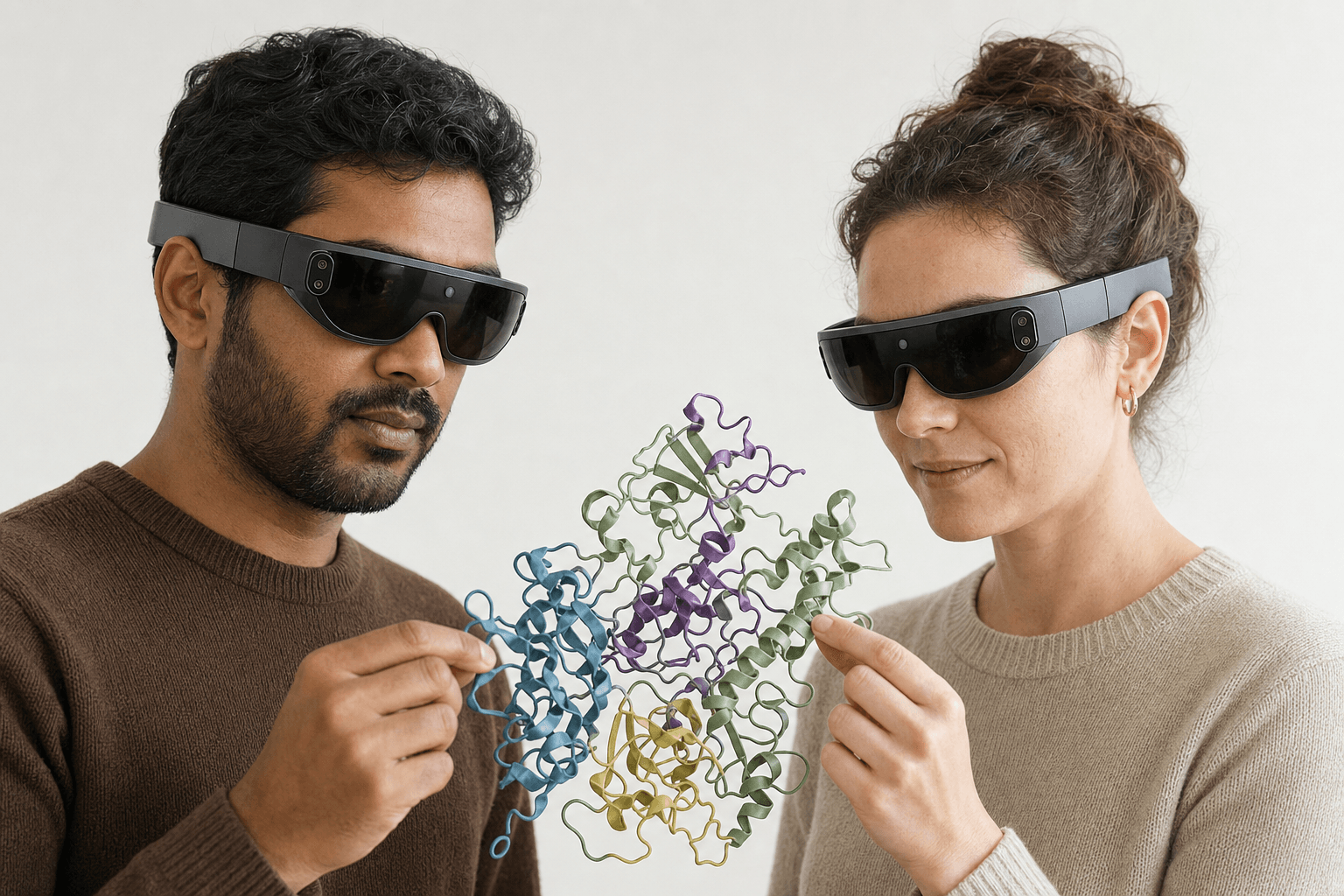 Two colleagues wearing ultra-thin VR headsets examine the same ribbon-cartoon protein structure floating between them