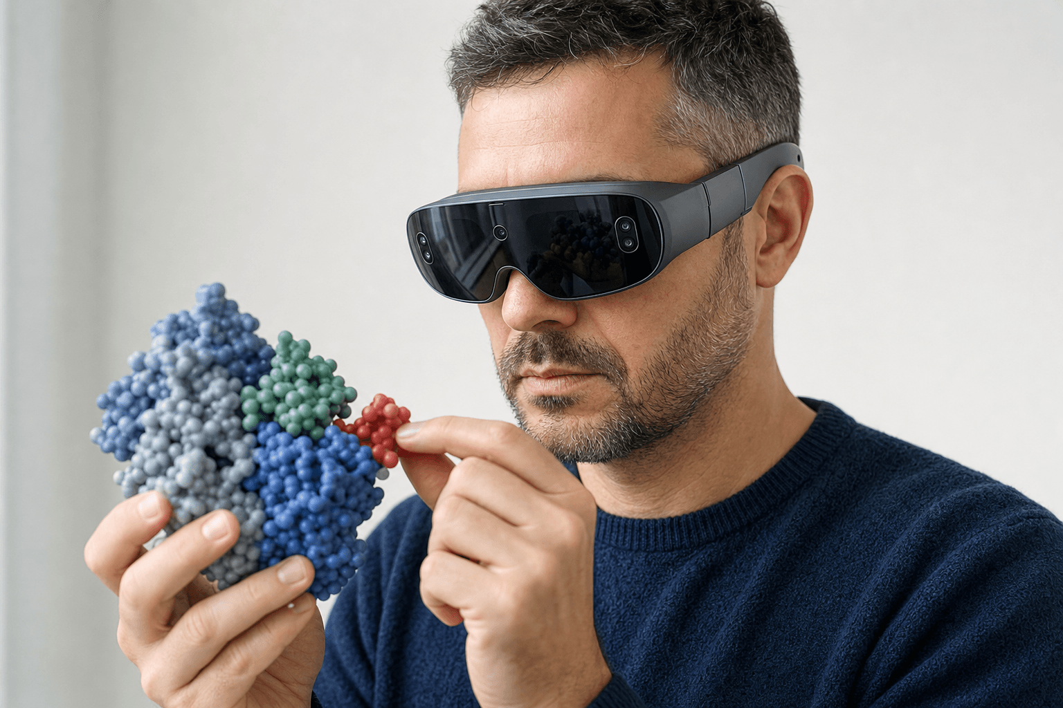 A researcher wearing an ultra-thin VR headset studies a space-filling protein model held close to the chest