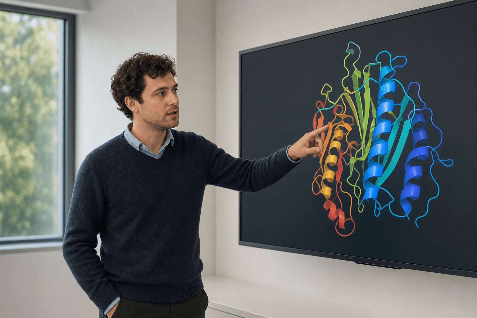 A researcher in a modern office studies a ribbon-rendered protein structure on a large display.