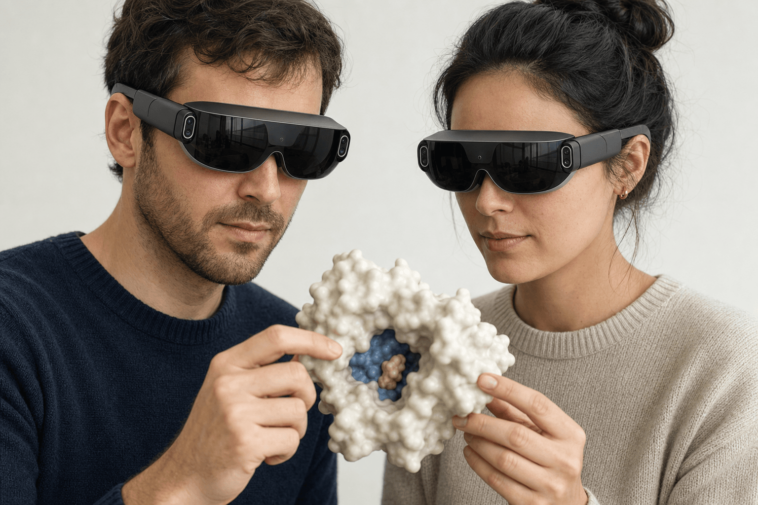 Two colleagues wearing ultra-thin VR headsets examine the same solid protein surface model with a visible binding pocket floating between them