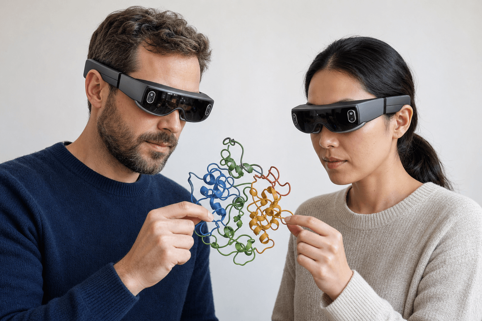 Two colleagues wearing ultra-thin VR headsets examine the same ribbon-cartoon protein structure floating between them