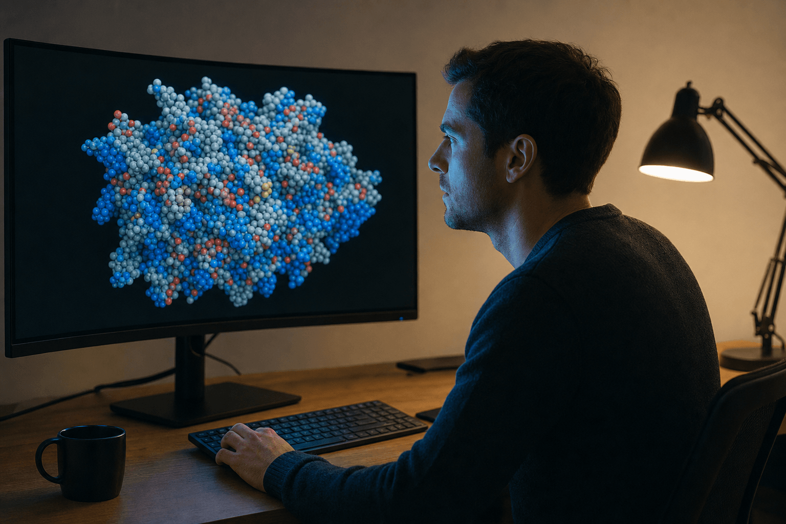 A researcher studies overlaid molecular dynamics trajectory frames rendered in space-filling style on a large curved display in a quiet research office.