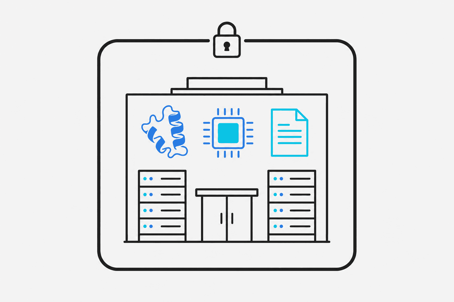 A flat vector diagram showing a building outline containing a molecule, an AI chip, and a document, all enclosed within a bold firewall boundary with a lock icon.
