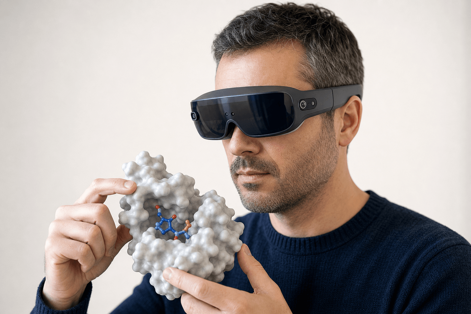 A researcher wearing an ultra-thin VR headset studies a solid protein surface model with a small ligand visible in its binding pocket held close to the chest