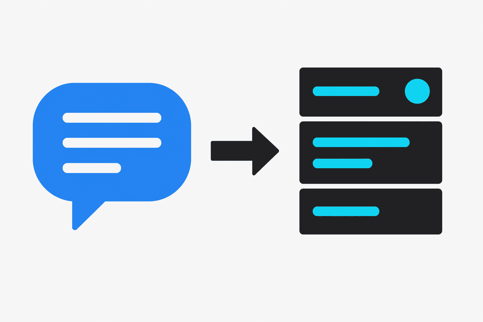 A flat vector diagram showing a speech bubble on the left connected by an arrow to a structured analysis report on the right, representing plain-English input driving a computational output.