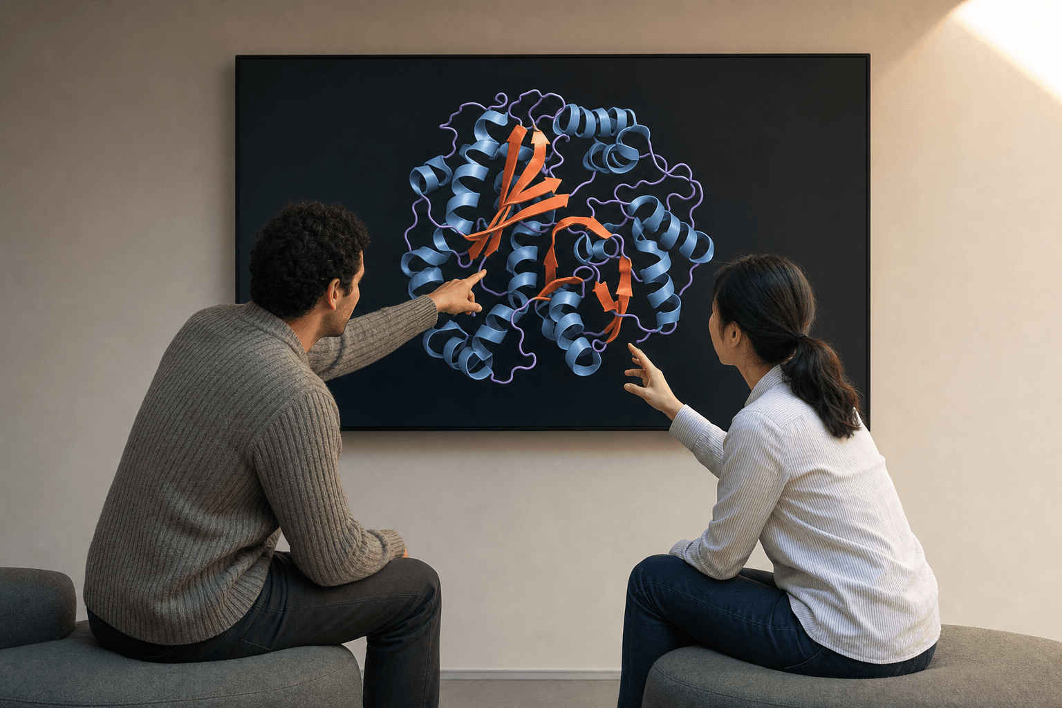 Two colleagues sit together pointing at a protein ribbon structure on a large display, collaborating on a molecular analysis.