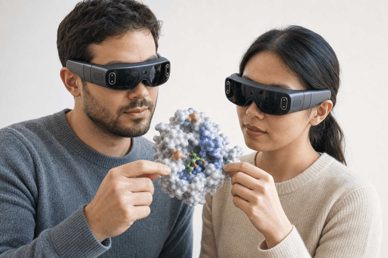 Two colleagues wearing ultra-thin VR headsets examine the same solid protein surface model with a small ligand visible in its binding pocket floating between them