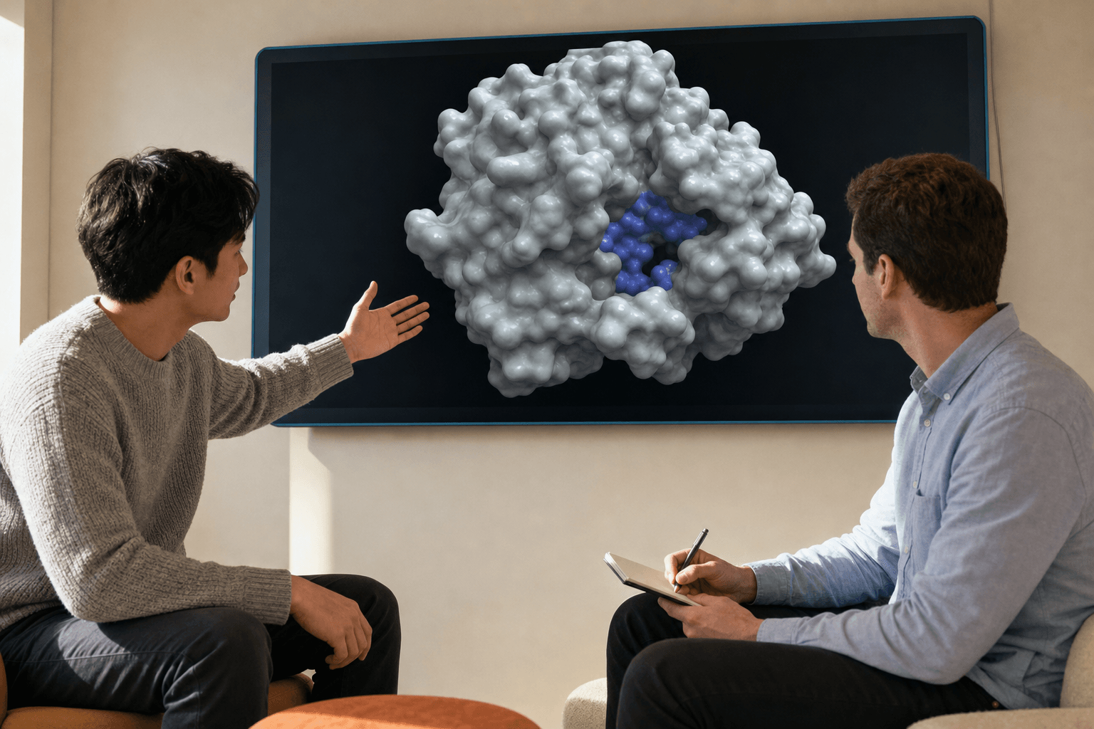 Two colleagues discuss a protein surface structure on a wall-mounted display during a post-meeting review.