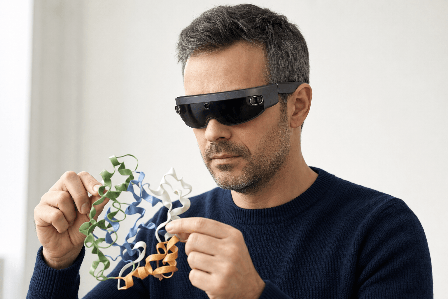 A researcher wearing an ultra-thin VR headset studies a ribbon-cartoon protein structure held close to the chest