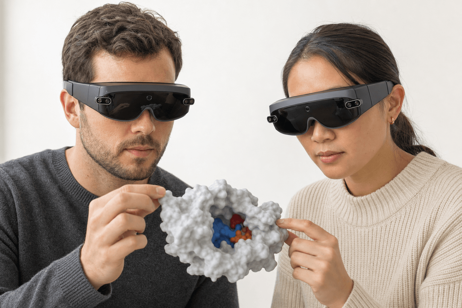 Two colleagues wearing ultra-thin VR headsets examine the same solid protein surface model with a visible binding pocket floating between them