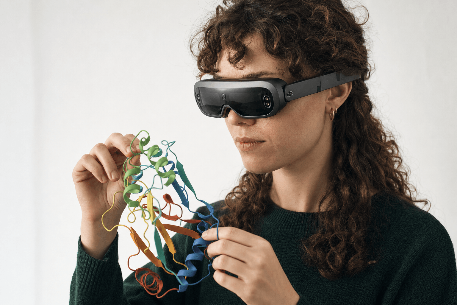 A researcher wearing an ultra-thin VR headset studies a ribbon-cartoon protein structure held close to the chest
