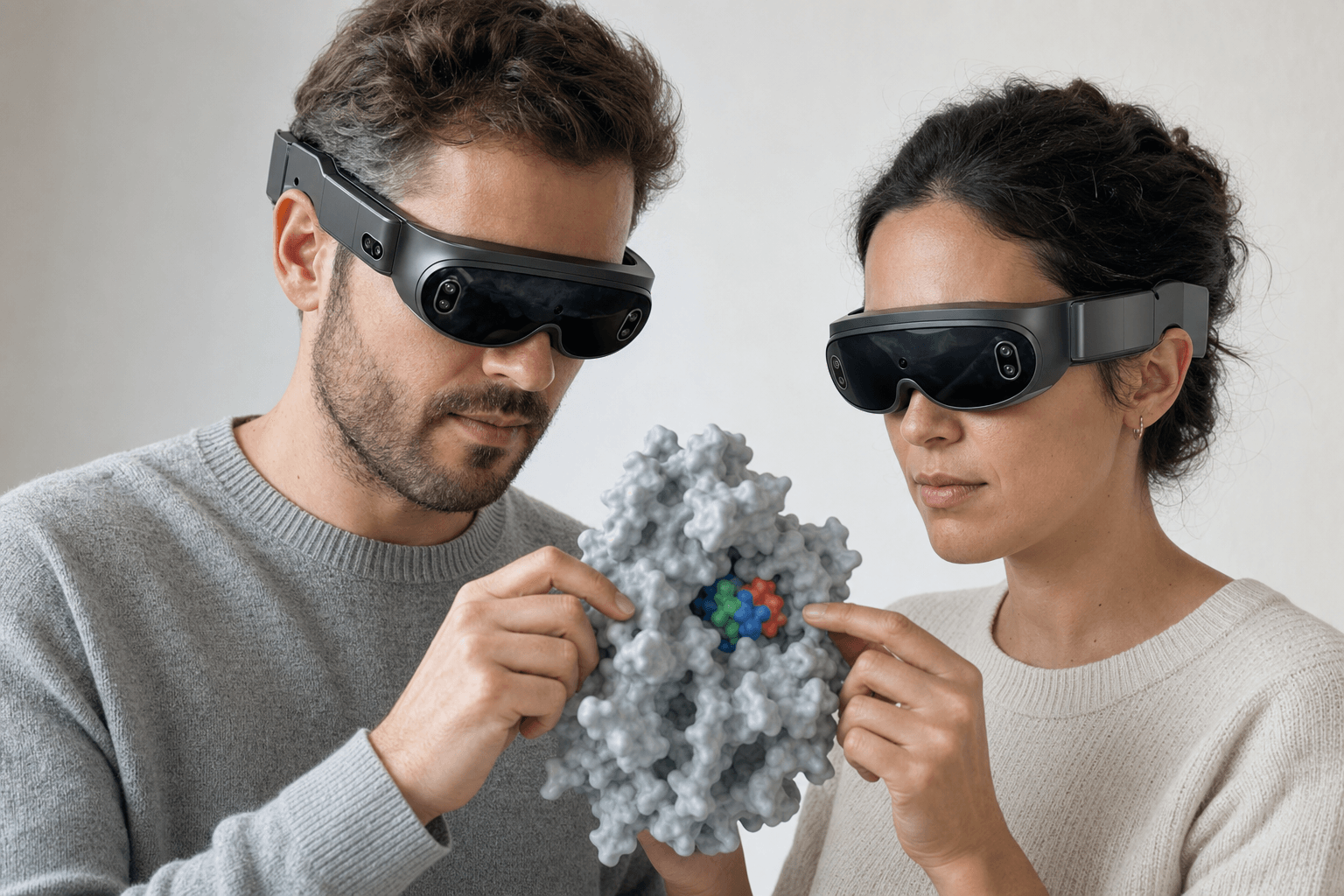 Two colleagues wearing ultra-thin VR headsets examine the same solid protein surface model with a small ligand visible in its binding pocket floating between them