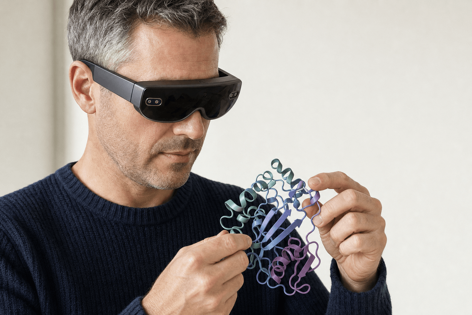 A researcher wearing a slim VR headset holds a ribbon-cartoon protein structure close to their chest, both hands engaged with the model in an open, uncluttered space.