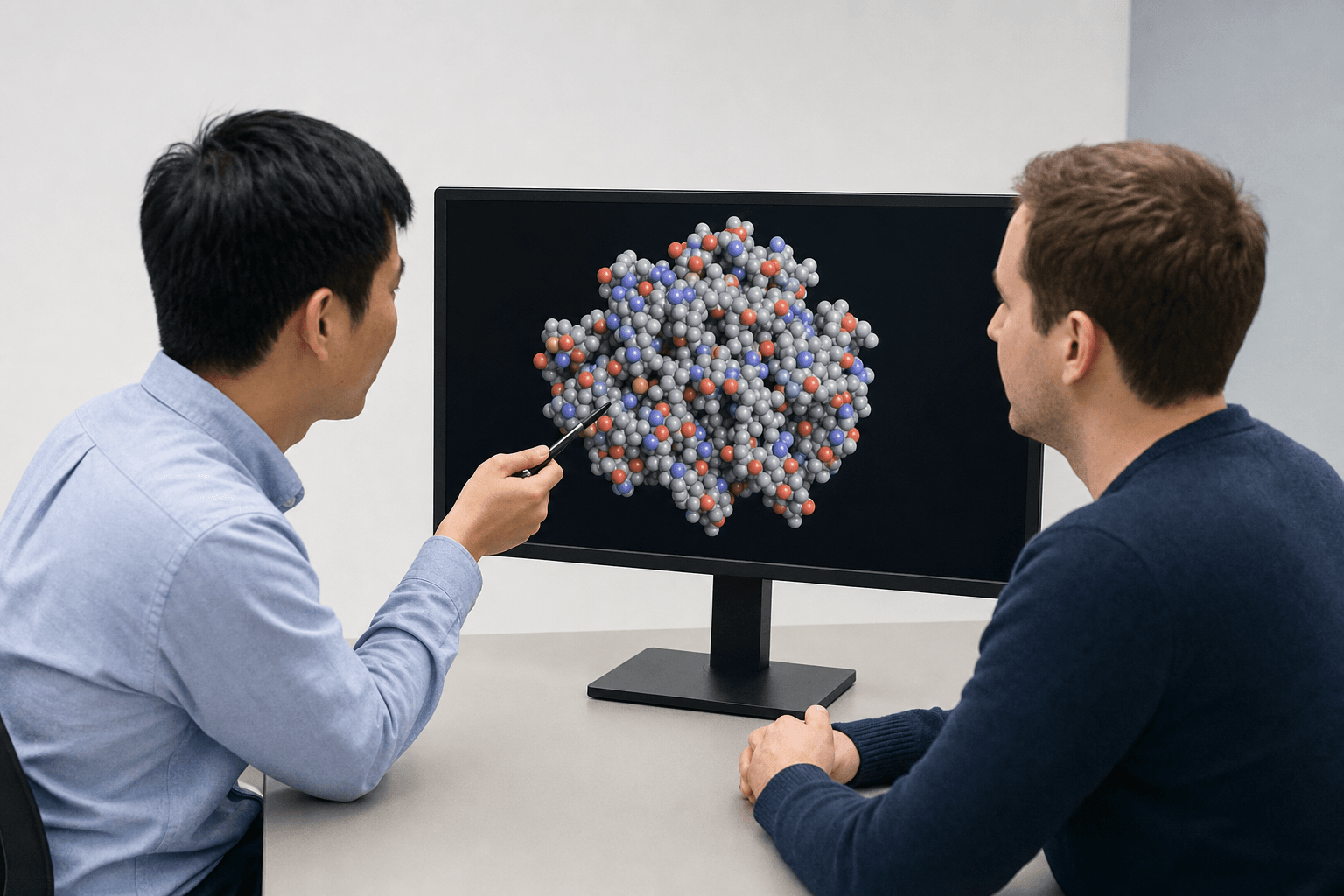 Two colleagues at a plain table study a space-filling protein model on a large monitor, one pointing at the structure with a pen.