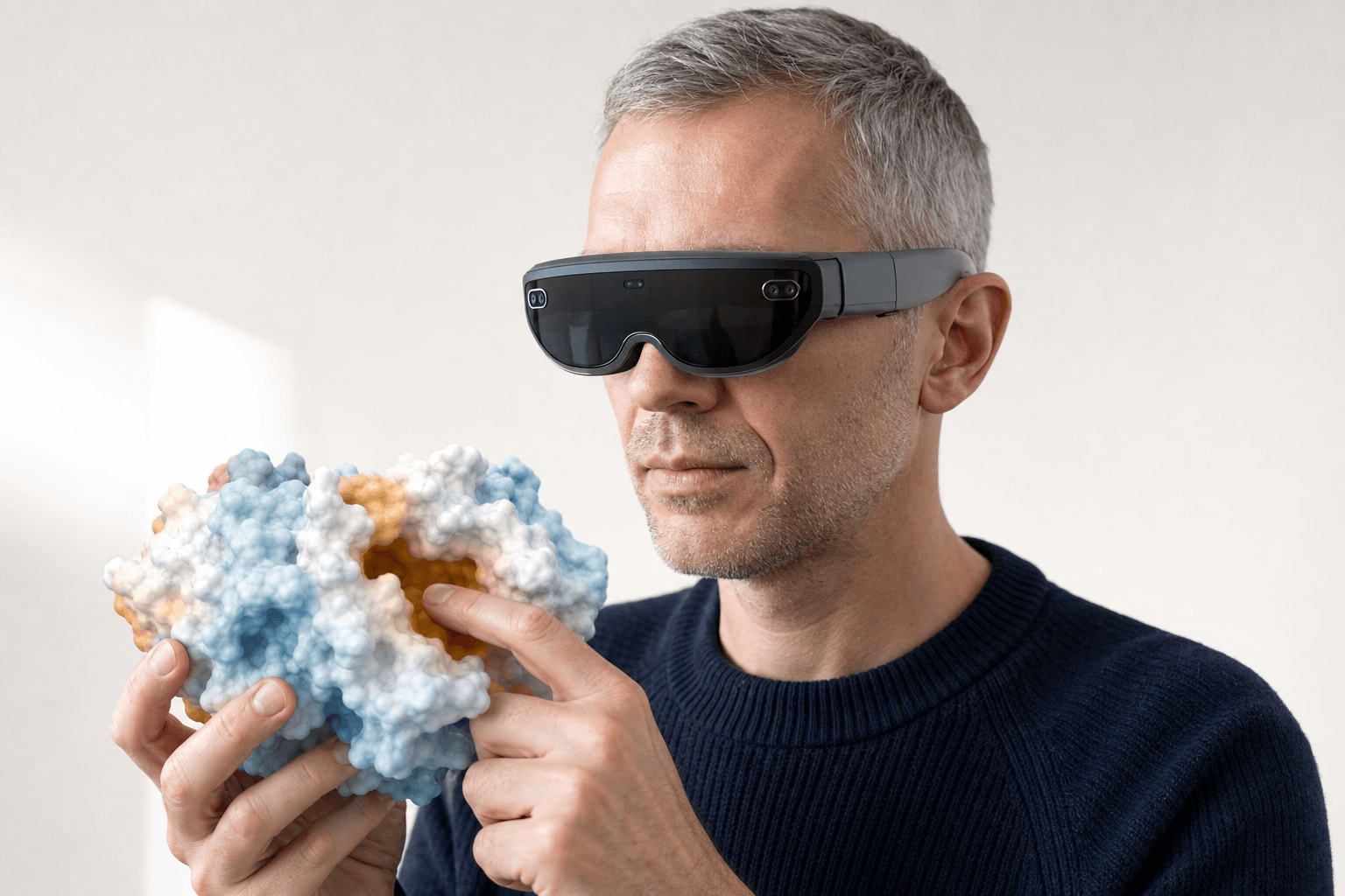 A researcher wearing an ultra-thin VR headset holds a solid protein surface model close to their chest, the binding pocket clearly visible on the floating 3D structure.