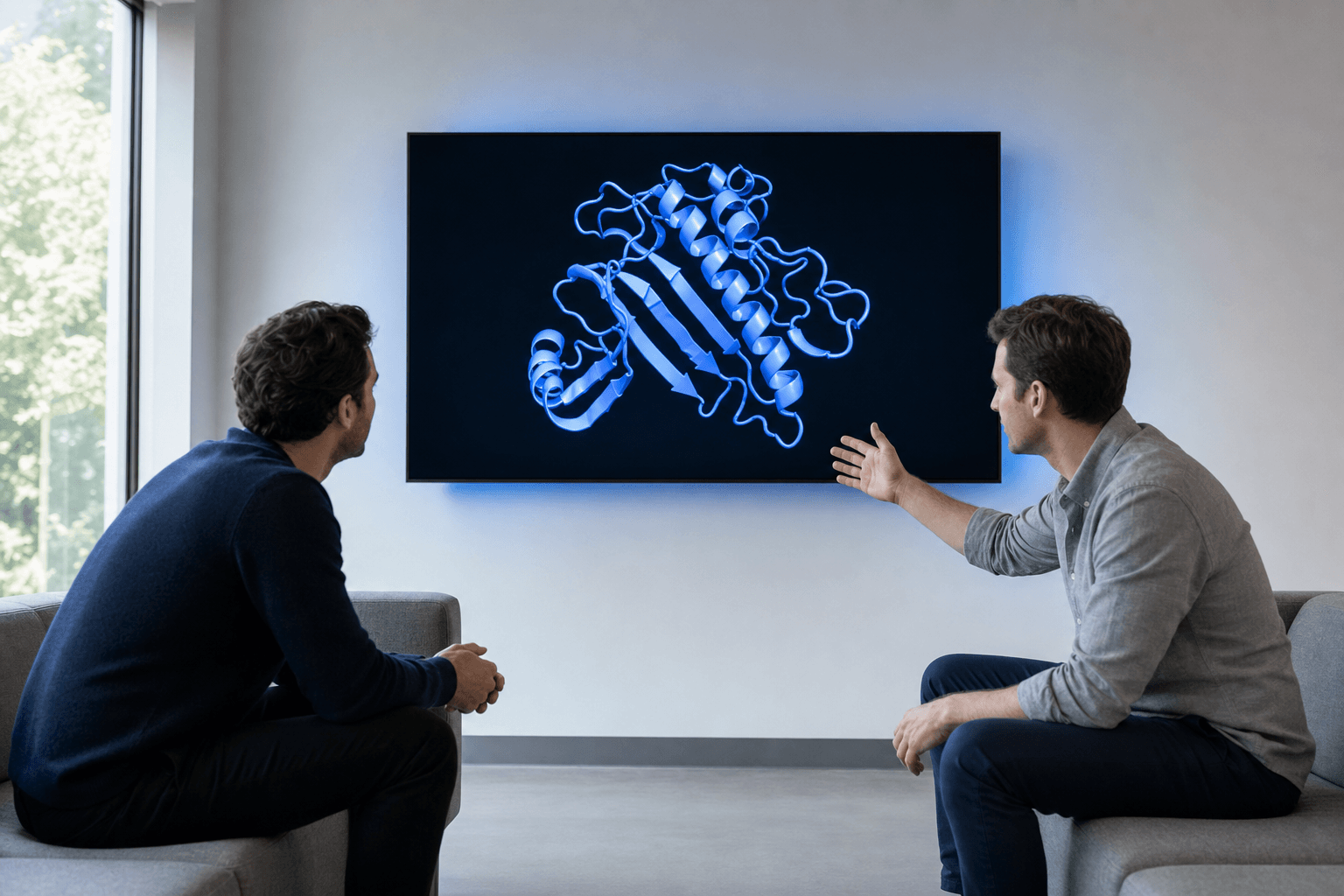 Two colleagues review a ribbon-rendered protein structure together on a large display in a modern lounge setting.