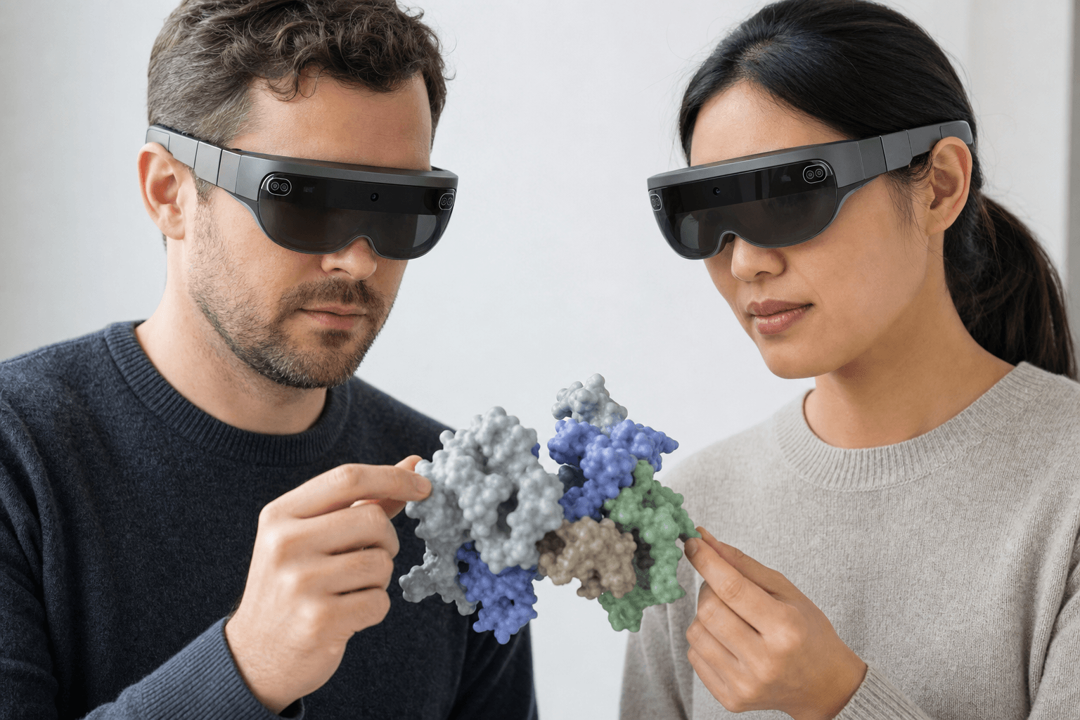 Two colleagues wearing ultra-thin VR headsets examine the same space-filling protein model floating between them