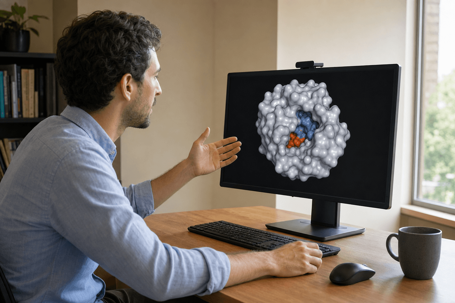 A researcher at a plain wooden table studies a smooth molecular surface displayed on a large monitor in a quietly lit research office.