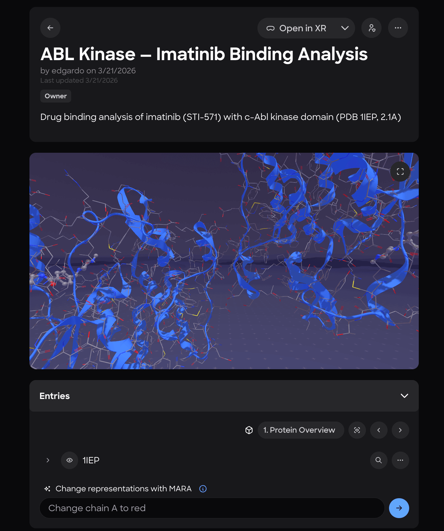 ABL Kinase Imatinib Binding Analysis workspace in Nanome